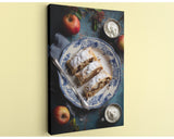 A blue and white patterned plate holds a pastry, accompanied by a bowl of whipped cream and two whole apples on a table.