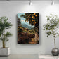 a serene indoor setting with a large painting of a stone wall and a tree with orange fruits hanging on the wall, flanked by two potted plants.