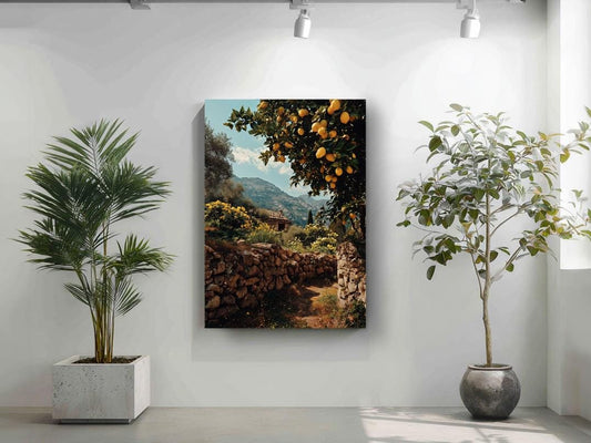 a serene indoor setting with a large painting of a stone wall and a tree with orange fruits hanging on the wall, flanked by two potted plants.