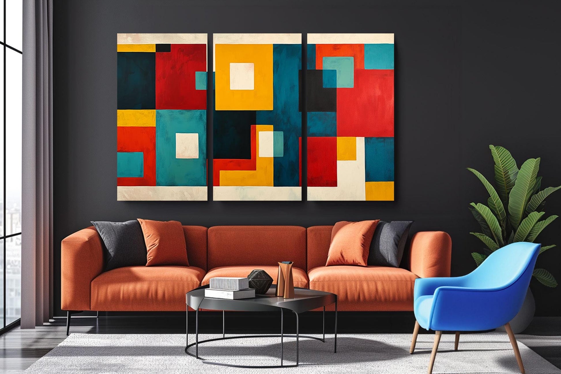 a living room with a couch and two chairs