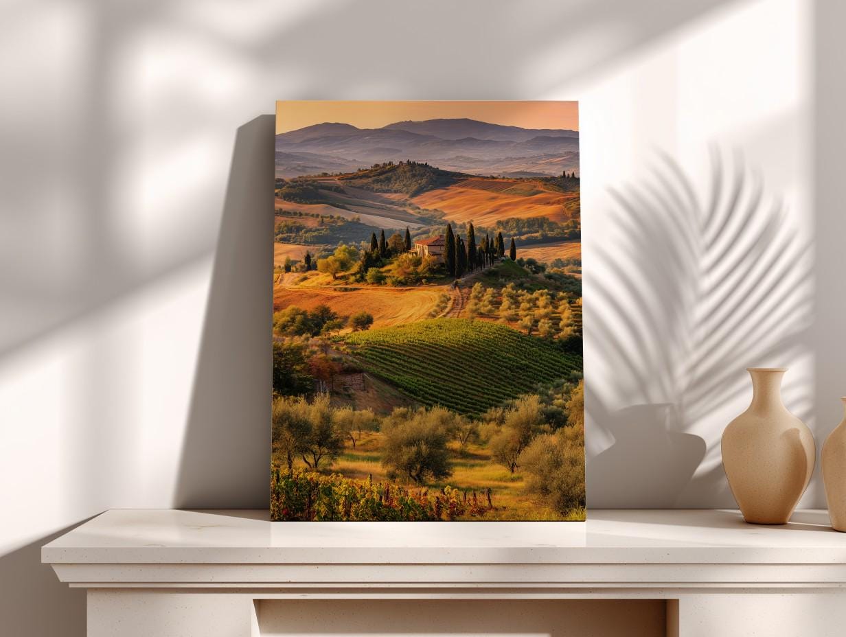 a picturesque countryside landscape with rolling hills, vineyards, and a small village nestled among the trees. The scene is bathed in warm, golden light, creating a serene and idyllic atmosphere.