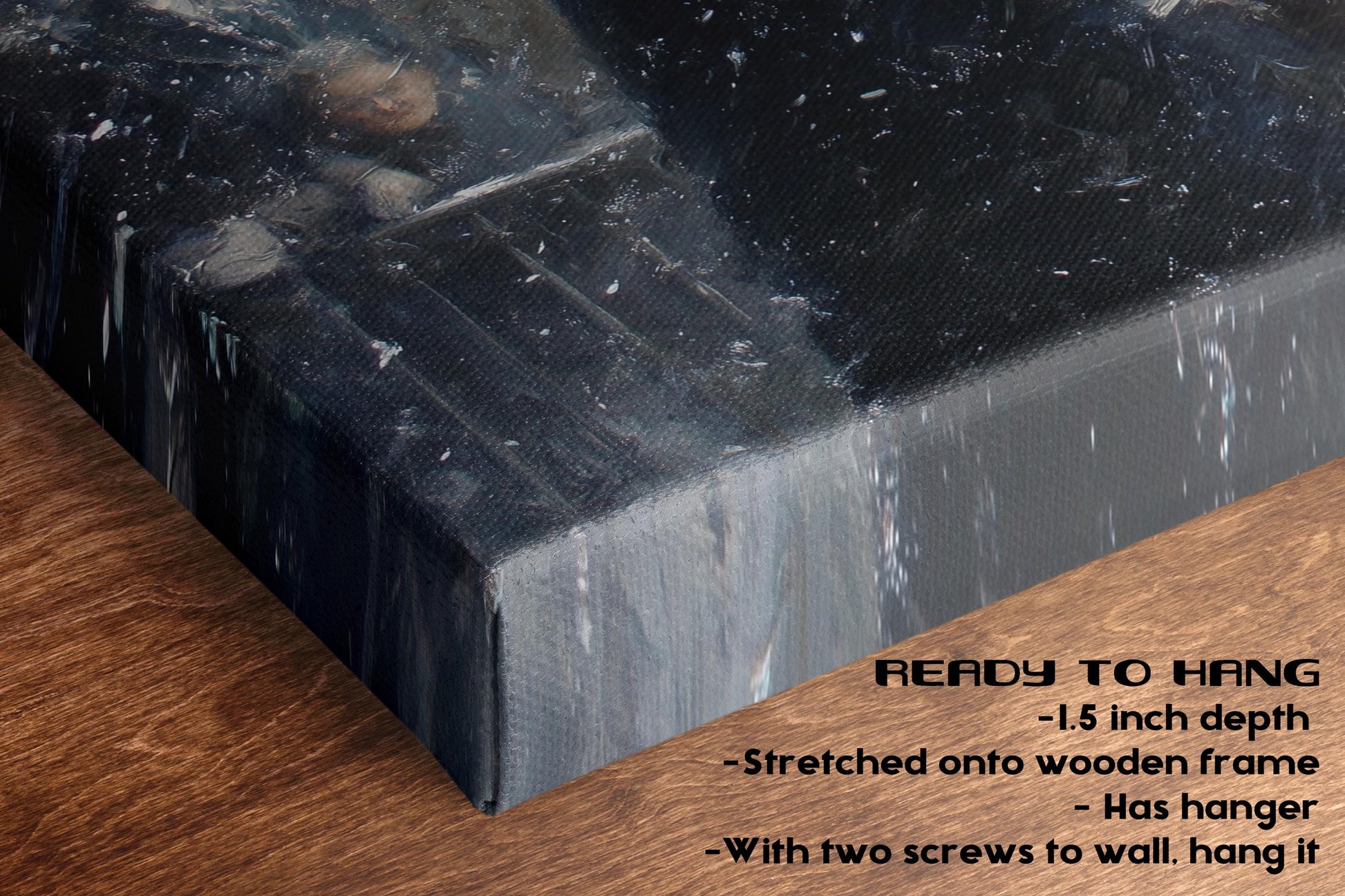 a close-up view of a black canvas with a person&#39;s face visible through a tear in the canvas. The text below the image provides information about the canvas, including its size, material, and hanging instructions.