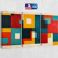 three abstract paintings on a wall with a us flag in the background
