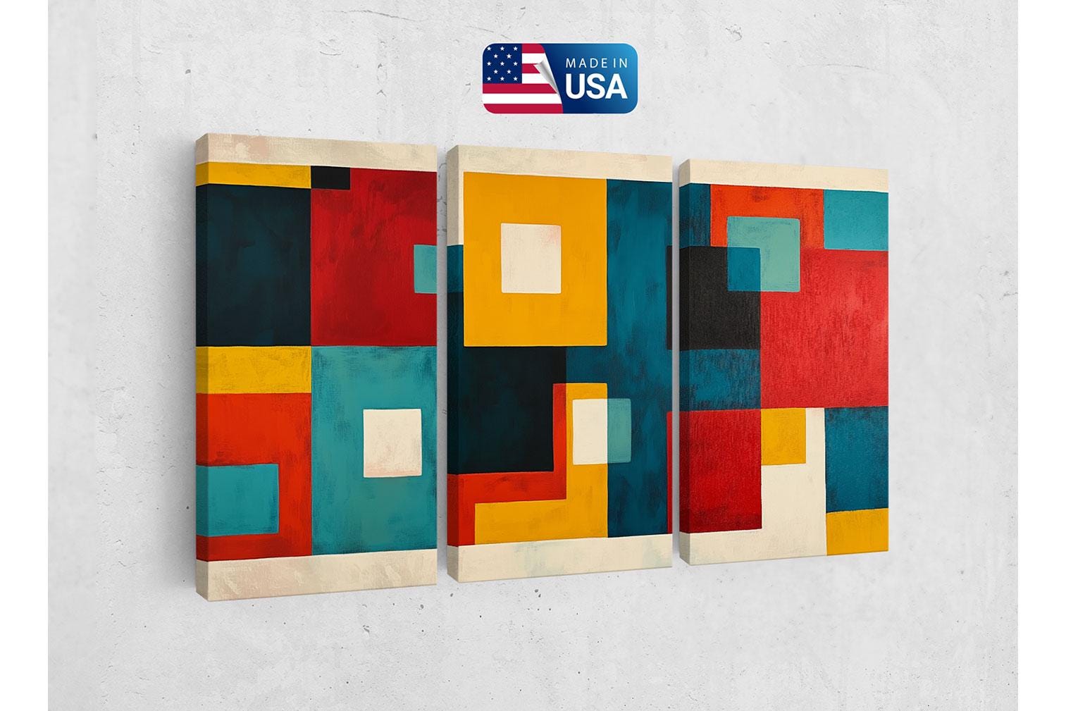 three abstract paintings on a wall with a us flag in the background