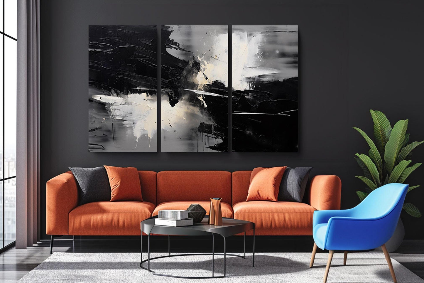 a living room with a couch and two chairs