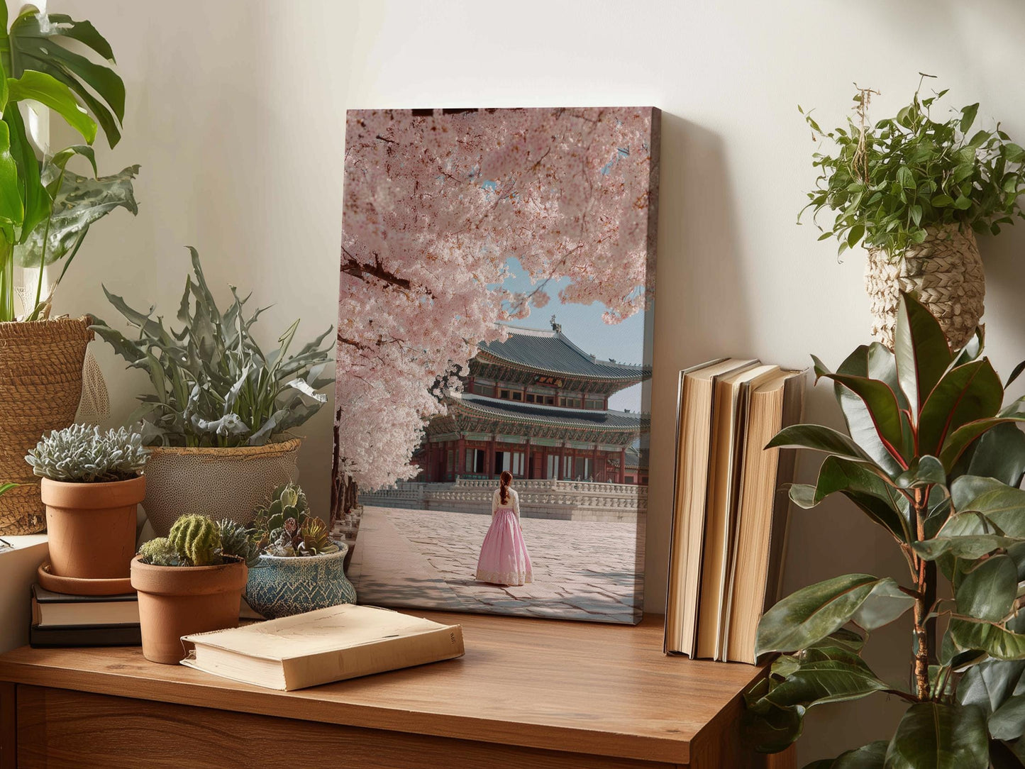 a wooden desk with a framed photograph of a woman in a pink dress standing in front of a traditional Korean palace, surrounded by potted plants and books.