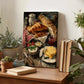 a wooden table with a painting of a table set with food, including croissants, cheese, and strawberries, surrounded by potted plants and books.