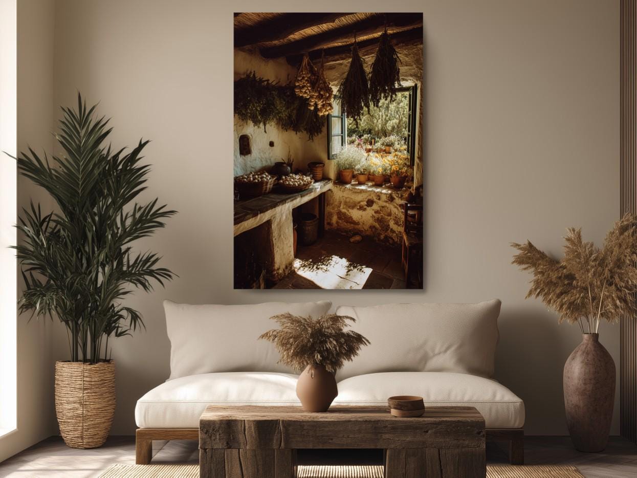 a cozy and rustic kitchen with a large window, hanging plants, and a wooden table with a vase of dried flowers.