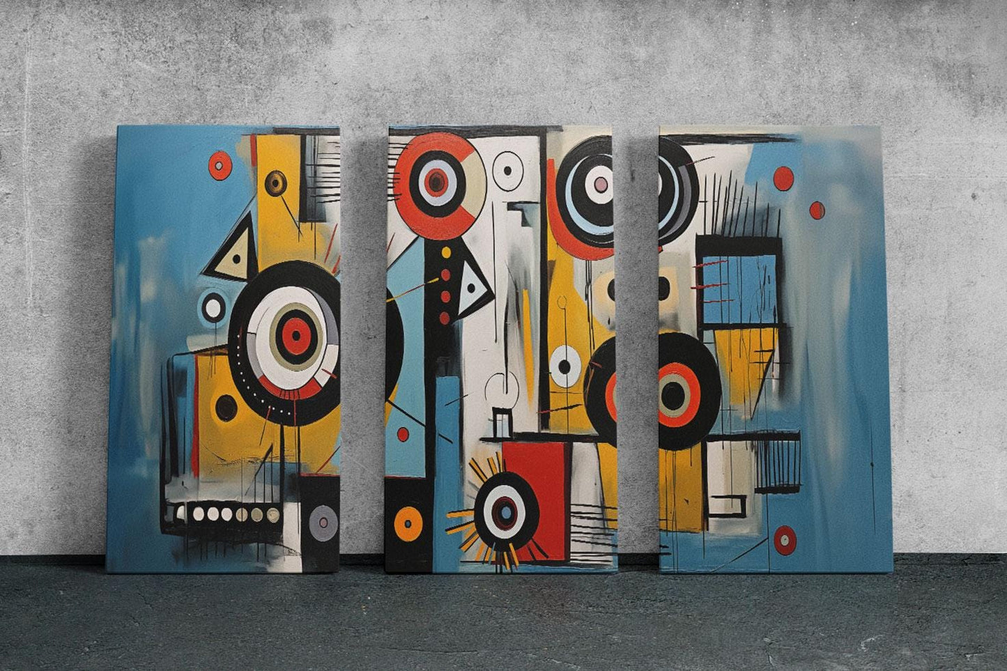 three abstract paintings on a concrete wall