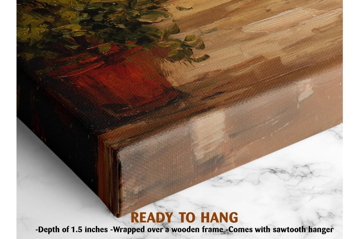 The image is a close-up of a painting on canvas, featuring a wooden frame and a potted plant. The painting is described as a &quot;ready to hang&quot; and is framed by a wooden frame. The text indicates that the painting is 1.5 inches deep and comes with a sawtooth hanger.