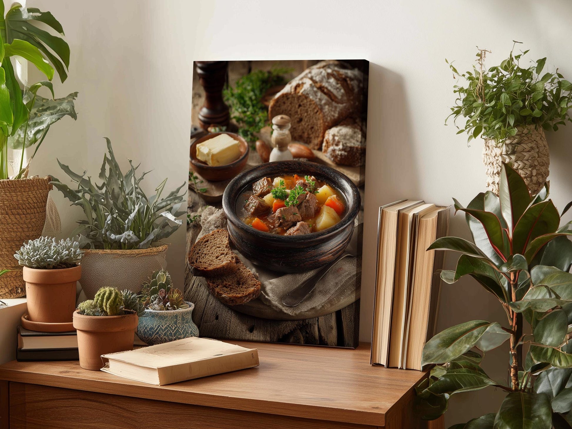 a wooden table with a bowl of stew, a book, and several potted plants. The table also has a framed photograph of a bowl of stew and bread on it.
