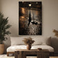 a serene indoor setting with a cozy couch, a wooden coffee table, and a potted plant. Above the couch, there is a large framed photograph of a street lamp and cobblestone pavement, creating a warm and inviting atmosphere.