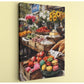 The image is a vibrant and colorful painting depicting a lively market scene with various fruits, flowers, and baked goods on display.