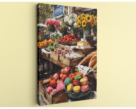 The image is a vibrant and colorful painting depicting a lively market scene with various fruits, flowers, and baked goods on display.