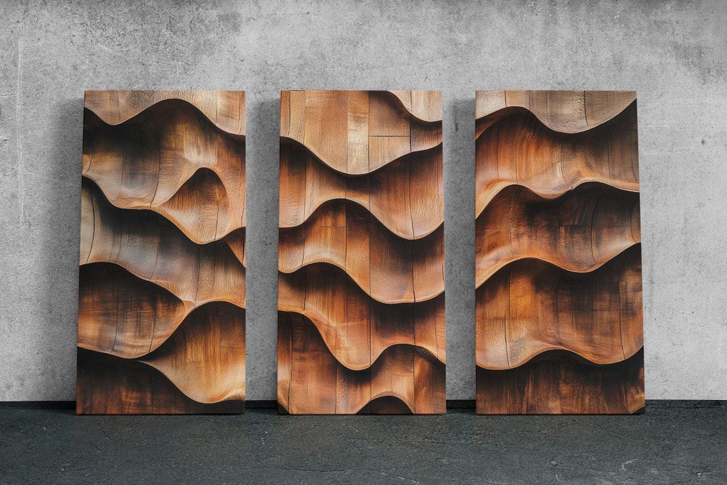 three wooden panels with wavy designs on them