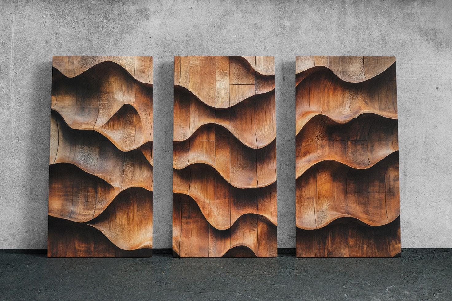 three wooden panels with wavy designs on them
