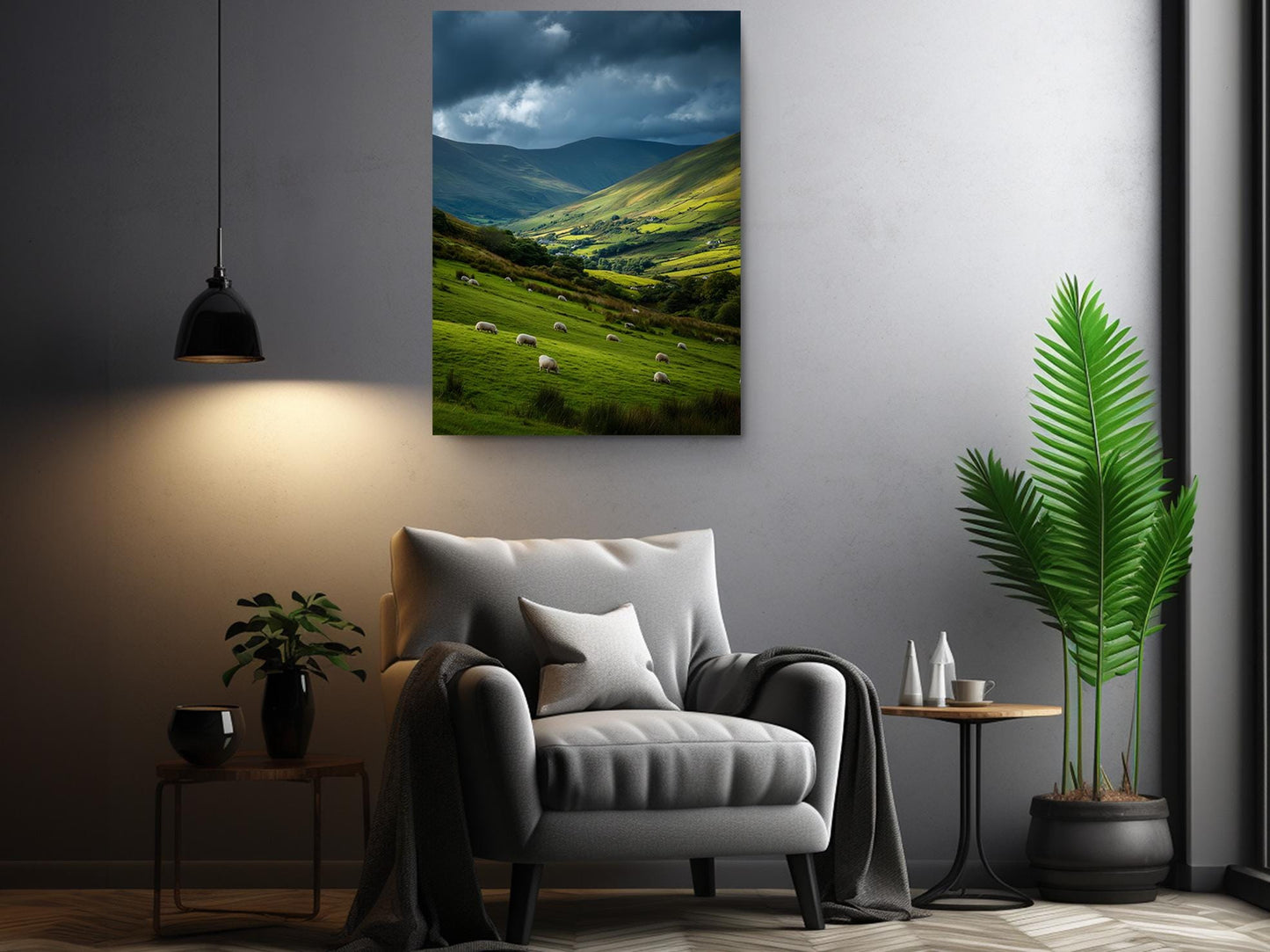 a serene living room with a comfortable gray armchair, a potted plant, and a painting of a picturesque countryside landscape hanging on the wall.