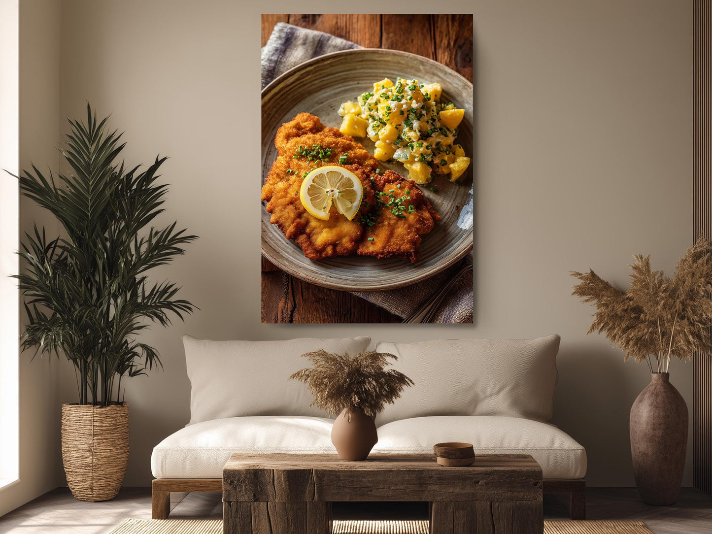 a cozy living room with a large, appetizing plate of food on a wooden table, including a piece of fried chicken, a lemon wedge, and a side of potato salad. The room is decorated with potted plants, a vase, and a wooden coffee table, creating a warm and inviting atmosphere.