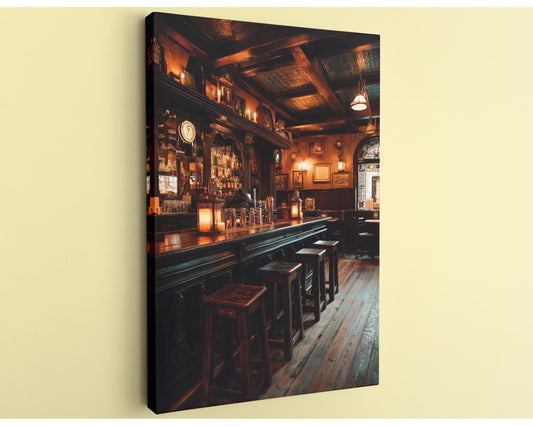 a cozy and inviting bar interior with wooden furniture, warm lighting, and a variety of bottles and glasses on the shelves.