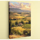 The image is a painting depicting a picturesque countryside landscape with rolling hills, vineyards, and a small house nestled among the trees.