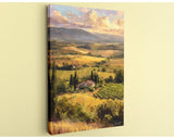 The image is a painting depicting a picturesque countryside landscape with rolling hills, vineyards, and a small house nestled among the trees.