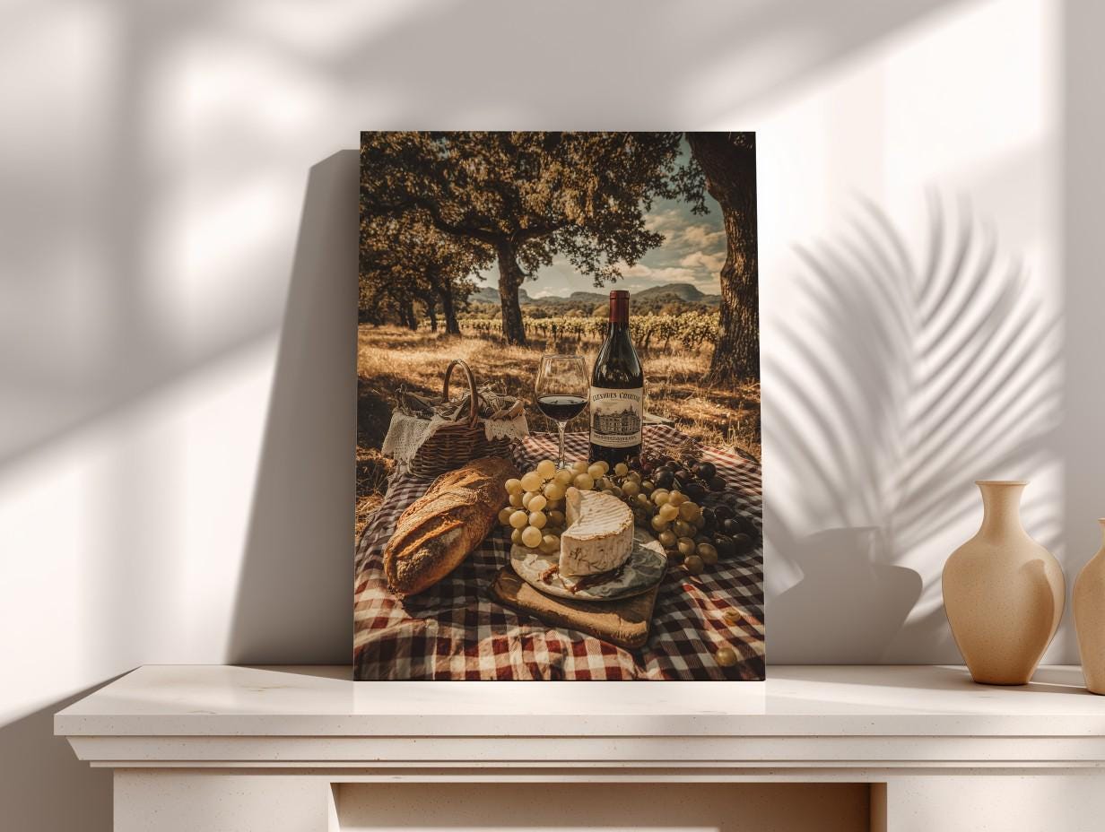 a picnic scene with a table set with food and wine, including a bottle of wine, a glass, and a basket of bread.