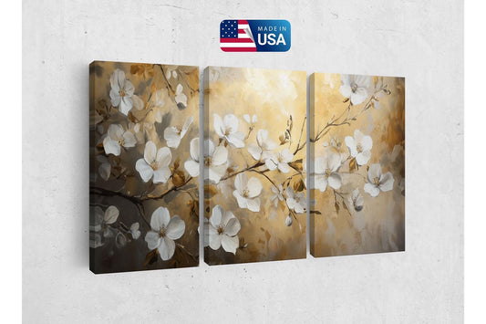 a painting of white flowers on a wall