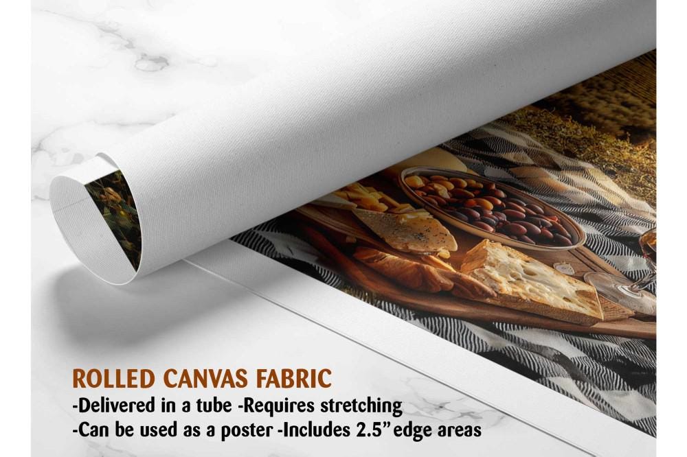 The image is a rolled canvas fabric that has been delivered in a tube. It requires stretching and can be used as a poster with a 2.5&quot; edge area.