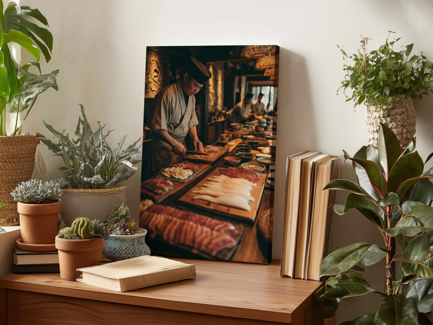 a wooden table with a framed photograph of a chef preparing food, surrounded by potted plants and books.