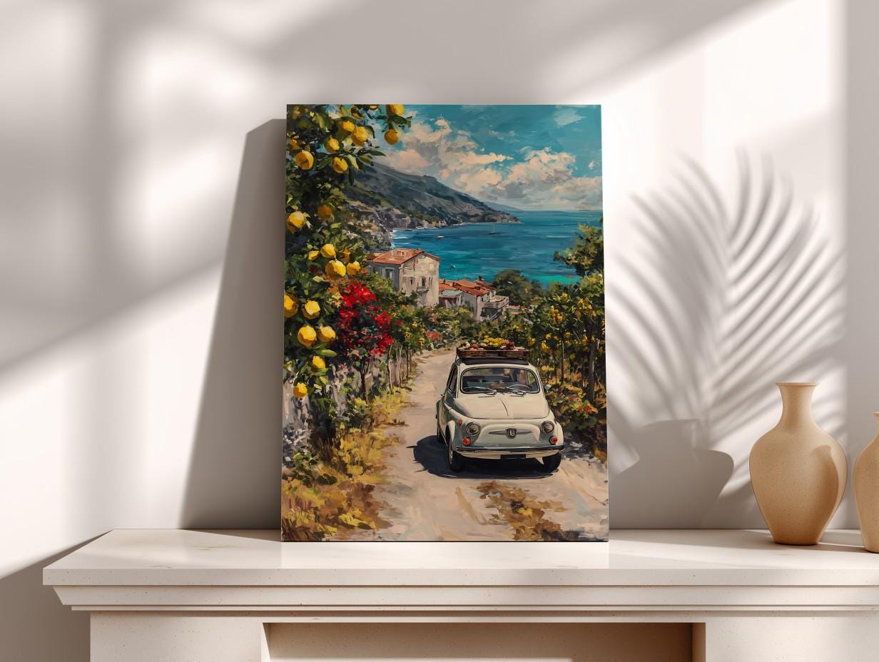 a painting of a white car driving down a road surrounded by a picturesque landscape with a blue sky, mountains, and a body of water.