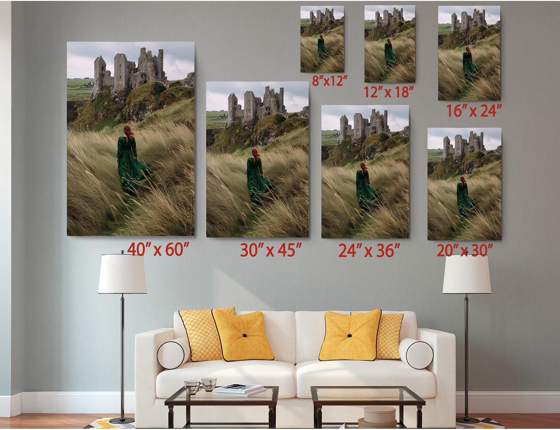The image is a living room with a white sofa and a coffee table. Above the sofa, there are six framed pictures of a castle, each with a different size and resolution, ranging from 8x12 to 24x36. The pictures are arranged in a grid-like pattern on the wall, creating a visually appealing display.