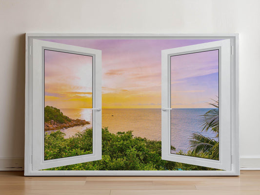 Tropical Sunset Canvas Print - Coastal Wall Art With Open Window Beach View
