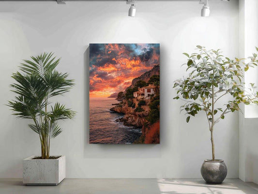 a large framed picture of a coastal cliff with a sunset over the ocean, hanging on a white wall. To the left of the picture, there is a potted plant, and to the right, there is another potted plant.