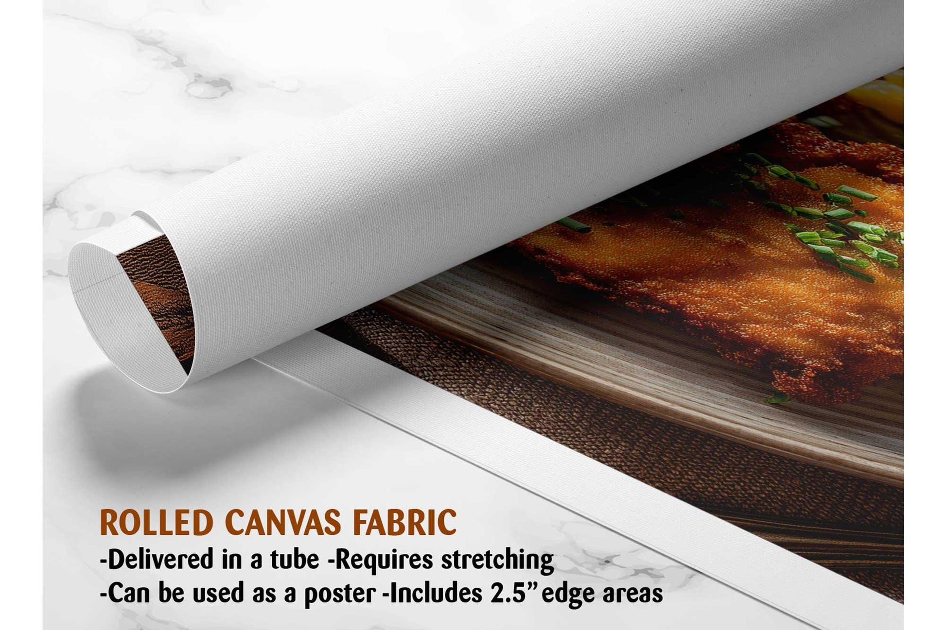 The image is a rolled canvas fabric, which is a type of canvas material used for creating posters or wall art. It is described as a tube-delivered fabric, which means it is delivered in a tube and requires stretching before use. The fabric can be used as a poster and includes a 2.5&quot; edge area.