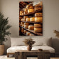 a cozy living room with a large wooden coffee table in the center, surrounded by a comfortable couch and a potted plant. Above the coffee table hangs a large framed photograph depicting an assortment of cheese wheels on wooden shelves.