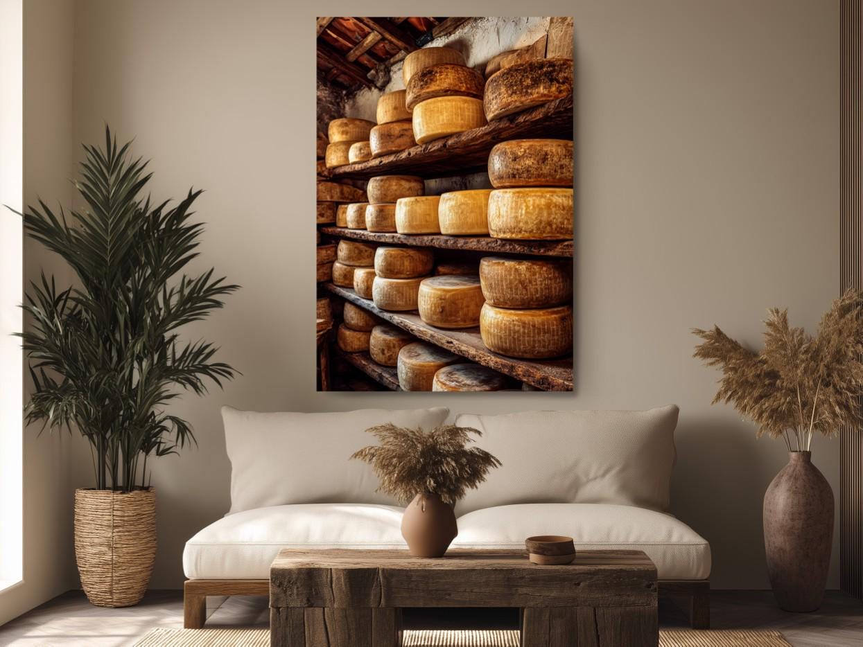 a cozy living room with a large wooden coffee table in the center, surrounded by a comfortable couch and a potted plant. Above the coffee table hangs a large framed photograph depicting an assortment of cheese wheels on wooden shelves.