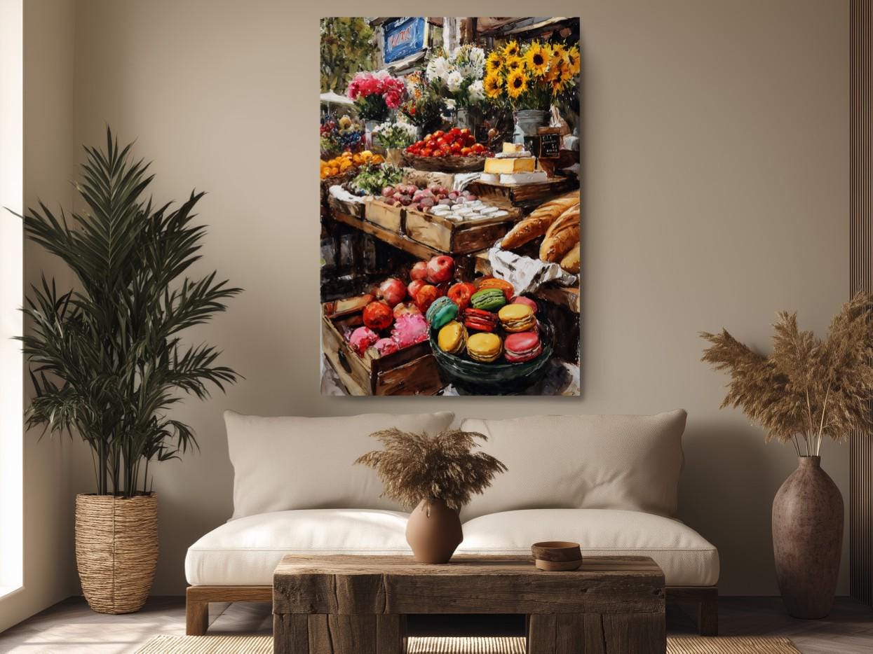 a vibrant fruit and vegetable market stall, with a variety of colorful produce such as apples, oranges, and bananas displayed in baskets and crates. The stall is situated in a cozy living room setting, with a couch and potted plants adding to the warm and inviting atmosphere.