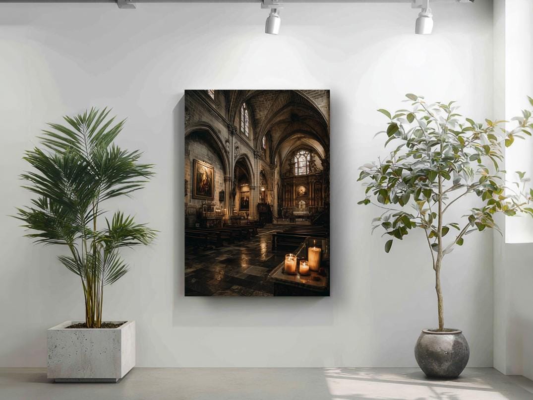 a serene and peaceful church interior, with a large painting hanging on the wall and two potted plants placed on either side of the painting.