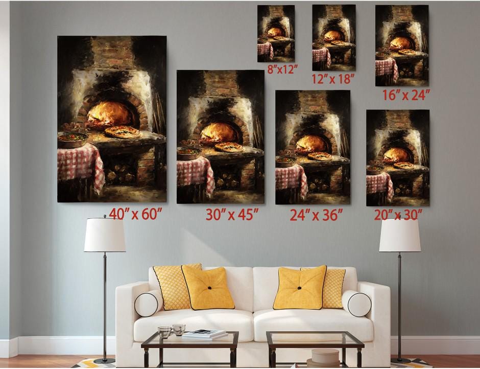 The image is a living room with a white sofa and a coffee table. Above the sofa, there are six framed paintings of a pizza oven, each with a different size and resolution. The paintings are arranged in a grid-like pattern on the wall, creating a visually appealing display.