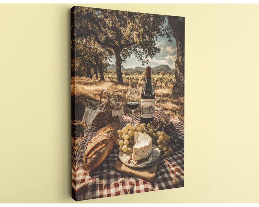 A picnic scene with a bottle of wine, a glass, bread, cheese, and grapes set on a checkered blanket, with a scenic backdrop of trees and a cloudy sky.