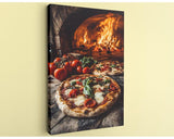 A close-up of a pizza with fresh basil and tomatoes, placed on a wooden table in front of a brick oven with flames burning inside.