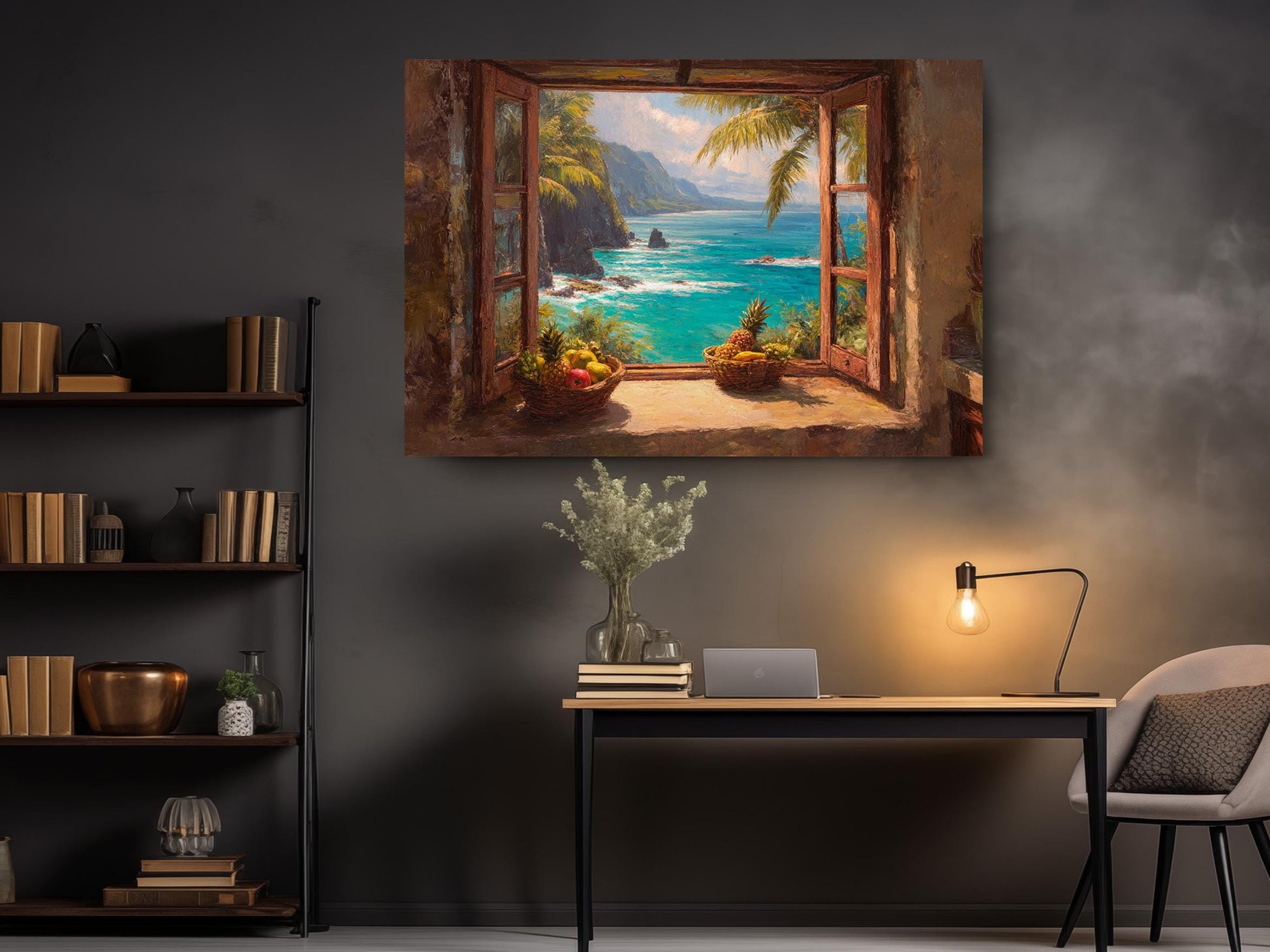 a painting of a tropical beach scene with a view of the ocean through an open window. The painting is hung on a wall above a wooden desk with a lamp and a vase of flowers.