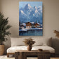 a cozy living room with a large painting of a snowy mountain village hanging on the wall. The painting depicts a picturesque winter scene with a quaint village nestled in the mountains, surrounded by snow-covered peaks. The room is decorated with a comfortable sofa, a wooden coffee table, and potted plants, creating a warm and inviting atmosphere.