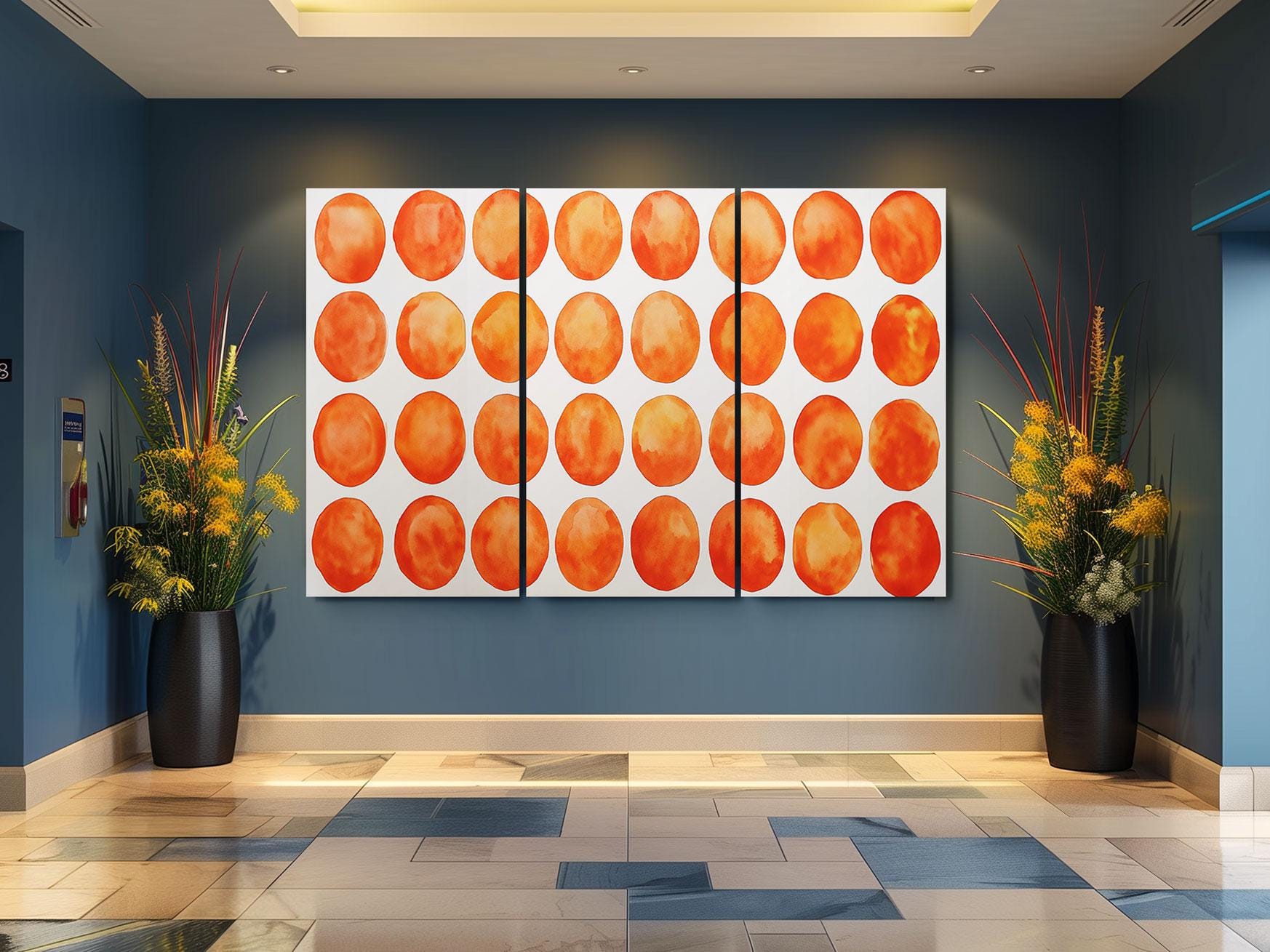 a room with two large paintings on the wall