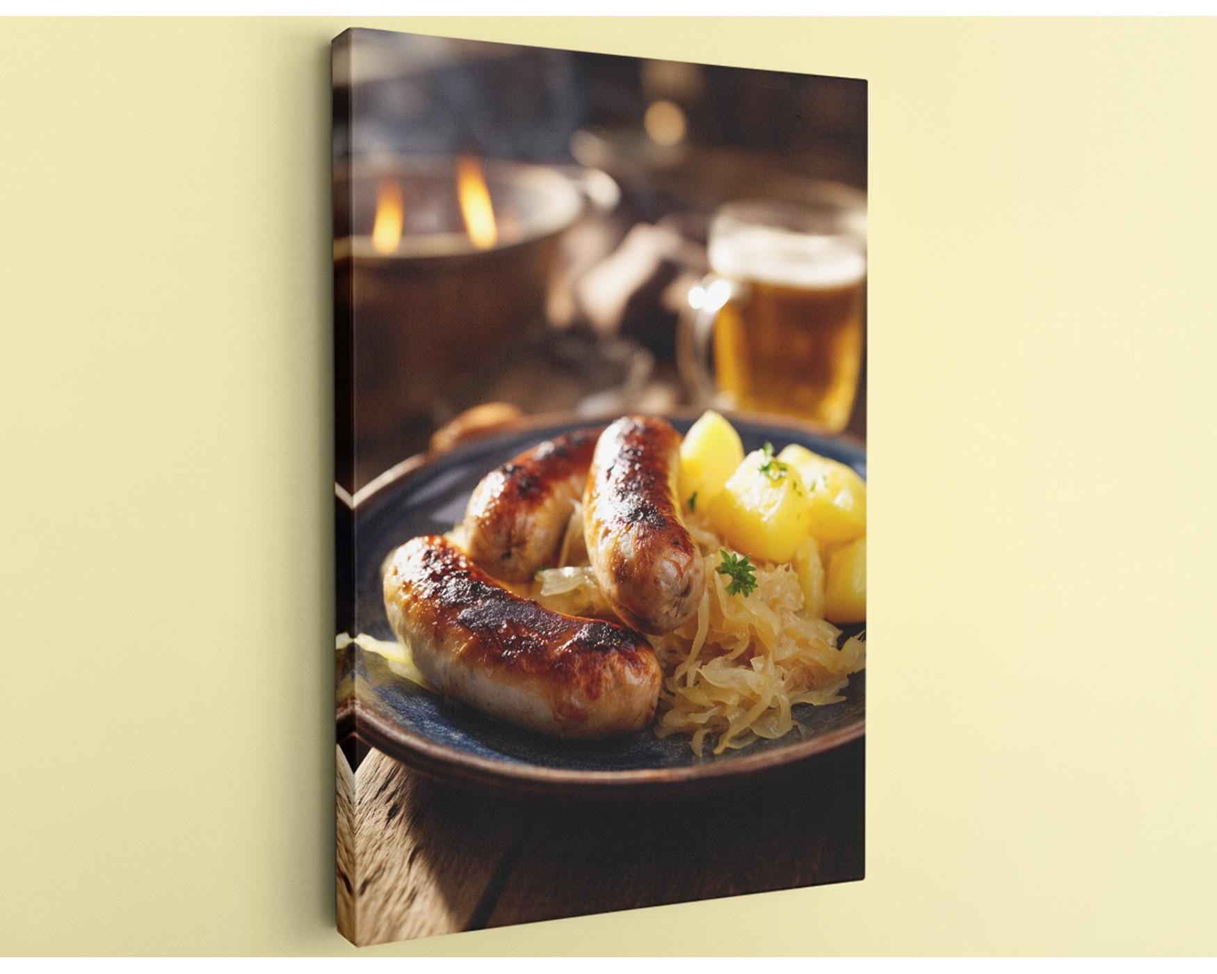 A plate of sausages and sauerkraut accompanied by a glass of beer, set on a wooden table.