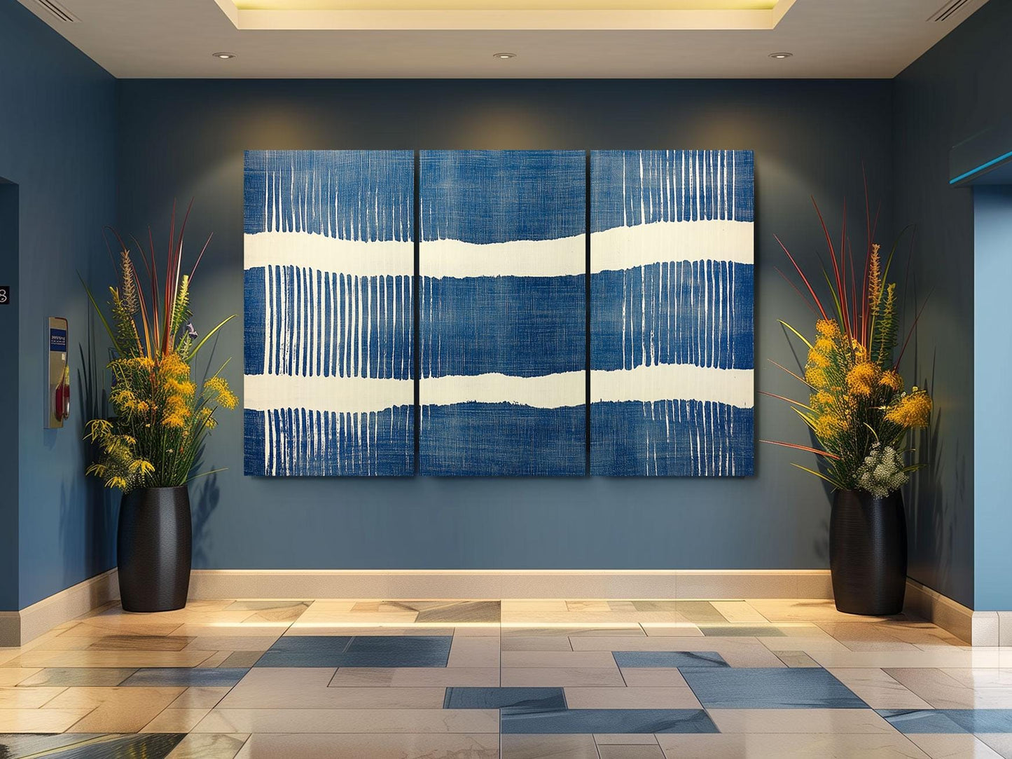 a blue and white painting on a wall in a room