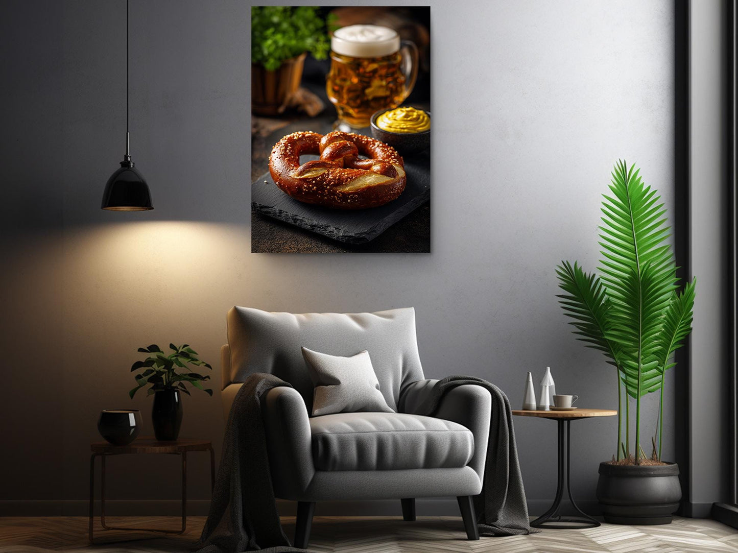 a cozy living room with a comfortable gray armchair, a wooden side table, and a potted plant. Above the armchair, there is a framed photograph of a pretzel with a beer mug and mustard on a plate.