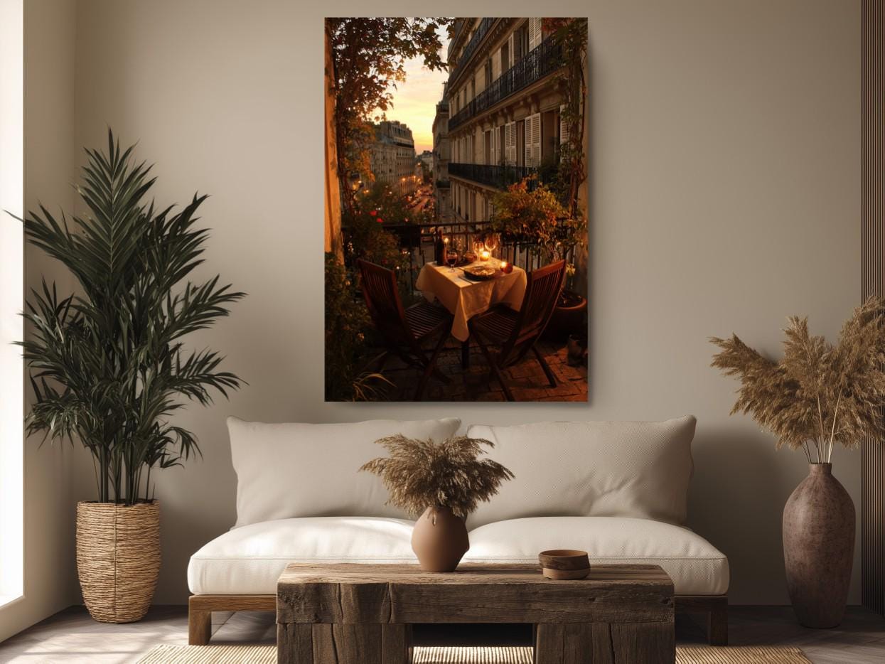 a cozy outdoor dining area with a table set for four, surrounded by lush greenery and a warm, inviting atmosphere.