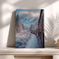A framed photograph of a train traveling through a snowy mountain landscape, with snow-covered trees and mountains in the background.