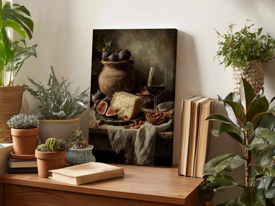 a still life painting of a table with various objects, including a vase, a bowl of fruit, a wine glass, and a book. The painting is surrounded by potted plants and other decorative items, creating a cozy and inviting atmosphere.